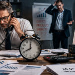 Empresários analisam documentos fiscais com expressão de preocupação diante do aumento da carga tributária.