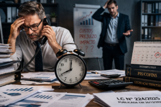 Empresários analisam documentos fiscais com expressão de preocupação diante do aumento da carga tributária.