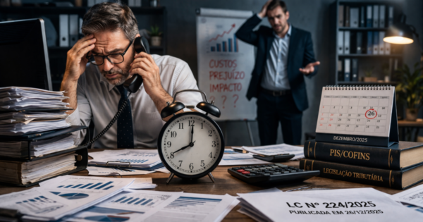 Empresários analisam documentos fiscais com expressão de preocupação diante do aumento da carga tributária.