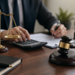 Balança da justiça e martelo sobre mesa com profissional calculando honorários em ambiente jurídico