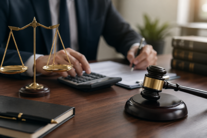 Balança da justiça e martelo sobre mesa com profissional calculando honorários em ambiente jurídico