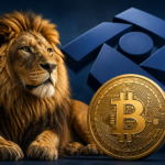 Leão em posição imponente ao lado de uma moeda com símbolo do Bitcoin sobre fundo escuro