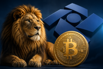 Leão em posição imponente ao lado de uma moeda com símbolo do Bitcoin sobre fundo escuro