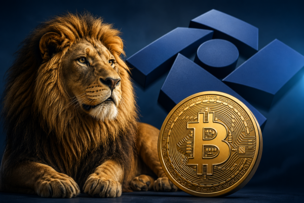 Leão em posição imponente ao lado de uma moeda com símbolo do Bitcoin sobre fundo escuro