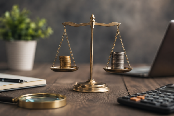 Balança de equilíbrio com moedas representando a regulamentação da CBS na Reforma Tributária brasileira