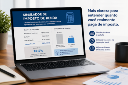 Simulador de imposto de renda exibido em notebook com cálculo do imposto devido e alíquota efetiva aplicada