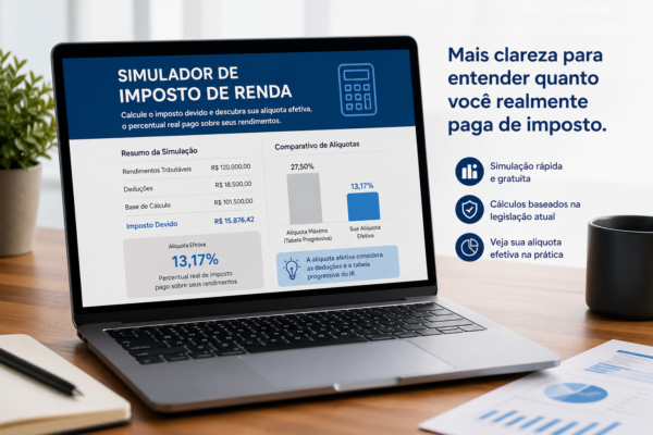 Simulador de imposto de renda exibido em notebook com cálculo do imposto devido e alíquota efetiva aplicada
