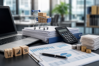 Ambiente corporativo com profissionais analisando documentos fiscais e dados tributários em escritório moderno